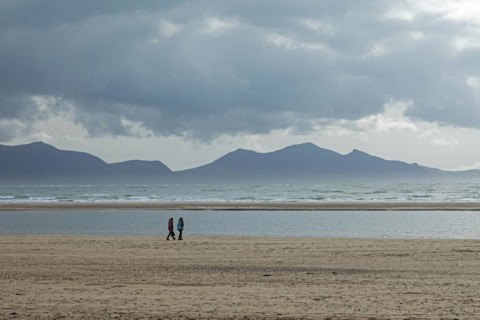 Beach, people, clouds, mountains, LLanddwyn Bay, Newborough, Isle of Anglesey, Wales, Great Britain