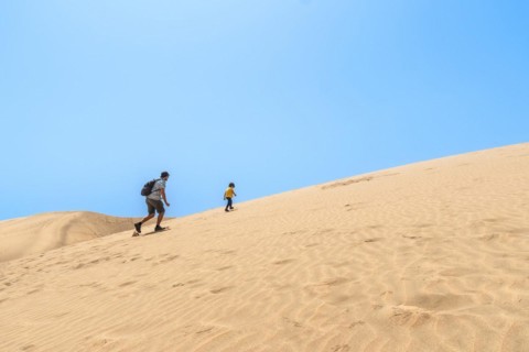 Father and son enjoying climbing the dunes of Maspalomas, Gran Canaria, Canary Islands