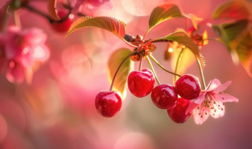 Ripe cherries peeking out from the branches of a cherry blossom tree AI generated