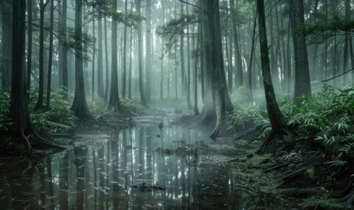 A cedar forest in the rain, nature background AI generated