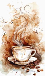 A coffee cup with steam rising from it and a few coffee beans on the table. Scene is warm and