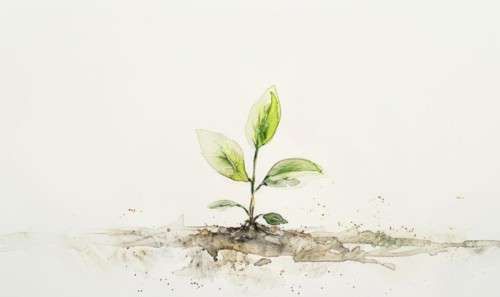 Watercolor illustration of a small tree sprout emerging from the ground AI generated