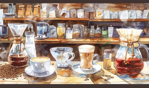 Watercolor illustration of a coffee shop scene with various coffee-related items like cups AI
