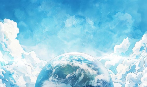 Watercolor illustration of the Earth globe with fluffy clouds against a clear blue sky AI generated