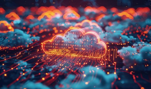 Cloud computing servers against a backdrop of a digital cityscape AI generated