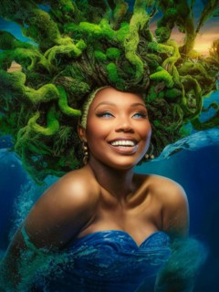 Serene woman in a blue dress with moss hair growing and thriving, creating a mystical and