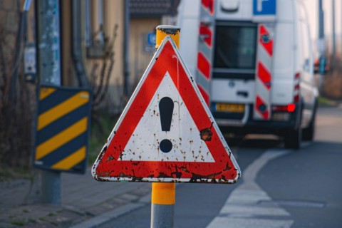 Red and white road warning sign with exclamation mark. KI generiert, generiert, AI generated