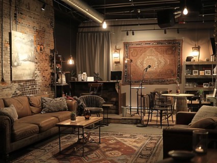 Vintage music venue with cozy leather sofas, brick walls, and a small performance stage surrounded