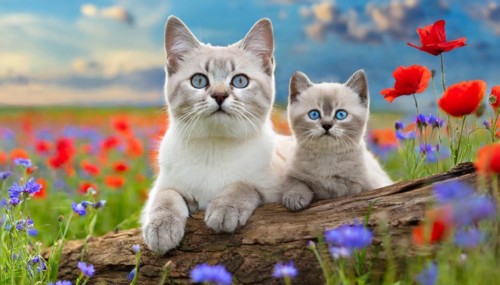 KI generated, animal, animals, mammal, mammals, cat, felidae (Felis catus), a cat and a kitten