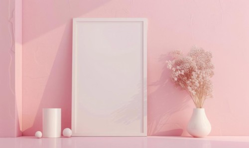 Flat background with blank poster mockup on pink wall AI generated
