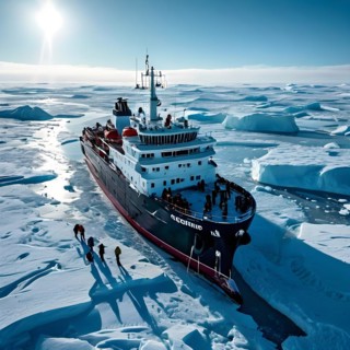 Aerial view of churned ice and open water trailing an icebreaker through pristine icy wilderness,