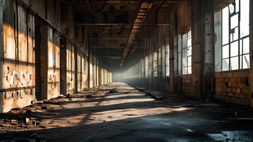 Deserted military base featuring empty barracks and abandoned tanks in silent, AI generated