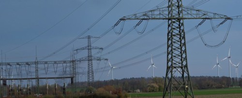 Stendal West substation with wind turbines in the background near Luederitz, Stendal,