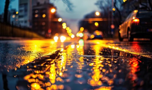 A city street illuminated by the soft glow of streetlights during a rainy evening AI generated