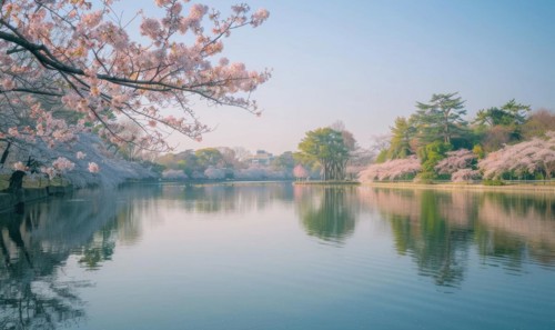 A spring lake surrounded by blooming cherry blossoms AI generated
