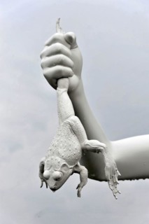 Charles Ray's statue of the boy with a frog on the top of the Zattere, detail of a surrealist