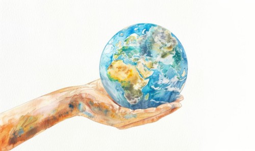Watercolor illustration of a hand holding a globe Earth, white background AI generated