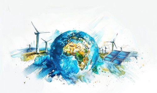 Watercolor illustration of Earth with wind turbines and solar panels, eco energy background AI
