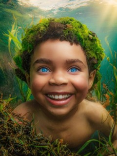 Joyful child submerged underwater with a moss hat growing and thriving, creating a mystical and