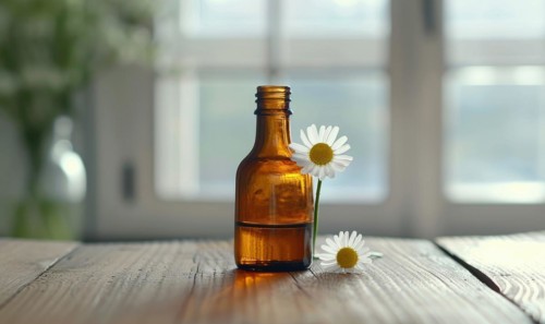 Chamomile essential oil in a dropper bottle, closeup view, skin care cosmetic background AI