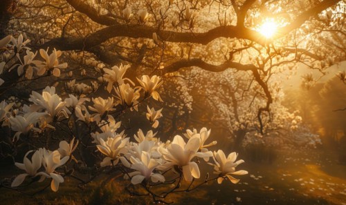 Magnolia tree in full bloom under the golden light of sunrise AI generated