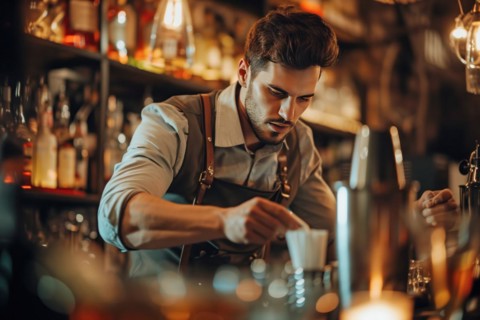 A focused barista carefully prepares a drink in a warmly lit coffee shop, AI generated