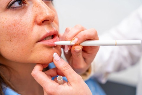 Beautician draw correction lines on woman lips to fill it with hyaluronic acid in the clinic