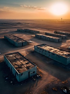Aerial view of deserted military base featuring empty barracks and abandoned tanks in silent, AI
