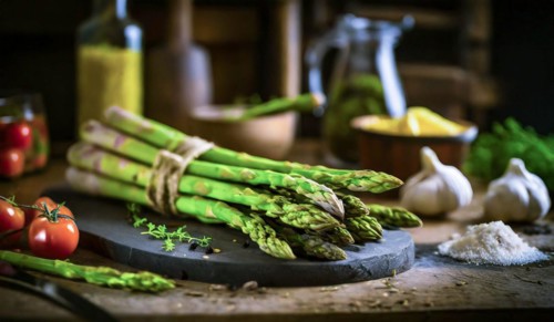 Green asparagus in a rustic farmhouse kitchen, AI generated, AI generated