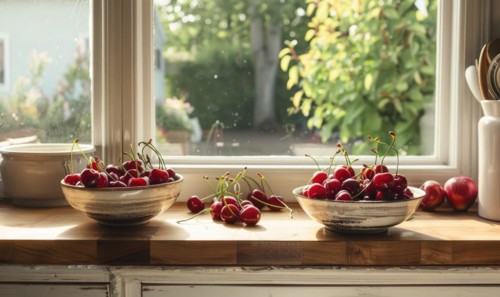 A cozy kitchen window sill adorned with bowls of ripe cherries AI generated