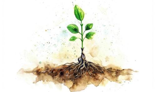 Watercolor illustration of a tree sprout with tiny roots on white background AI generated