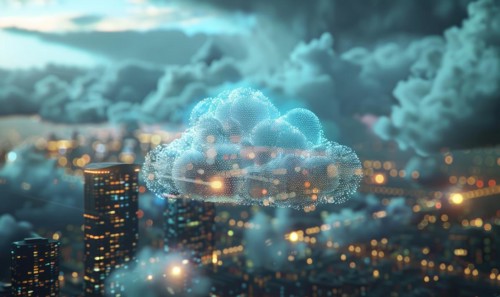 Cloud computing servers against a backdrop of a digital cityscape AI generated