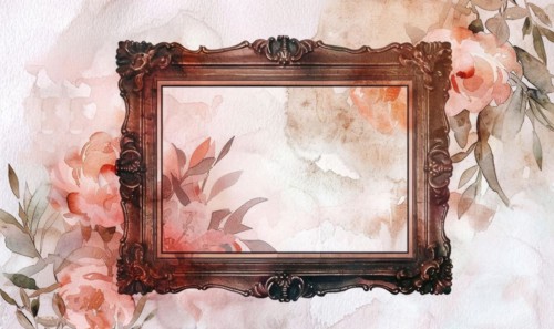 A gold frame with pink flowers on the wall. Abstract background with frame and space for text AI