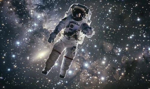 An astronaut on a spacewalk surrounded by the vastness of starry space, conveying solitude AI