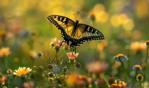 Butterfly amidst wildflowers, closeup view, selective focus, spring nature AI generated