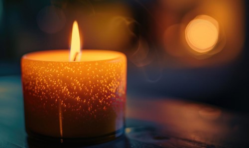 Close-up of a candle's gentle flicker illuminating a serene setting AI generated