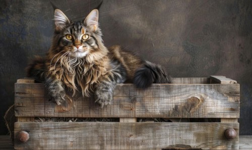 Maine Coon cat sitting proudly atop a rustic wooden crate AI generated