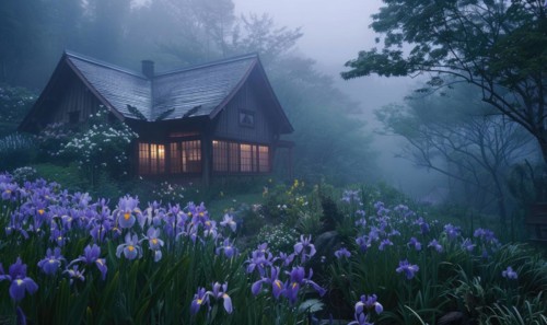 Morning mist enveloping a contemporary wooden cabin hidden deep within a spring garden filled with