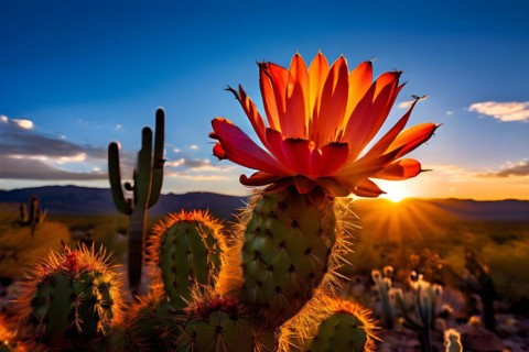 Saguaro cactus with vibrant flower in full bloom in early morning light, AI generated
