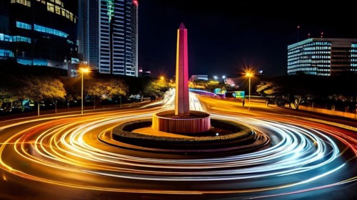 Circular trails of light from car headlights tracing movement around a city monument, AI generated