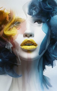 Delicate surreal portrait of a female with abstract pastel elements and windblown hair, Vertical