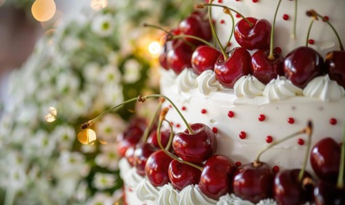 Ripe cherries adorning a wedding cake, closeup view, bokeh lights on background AI generated