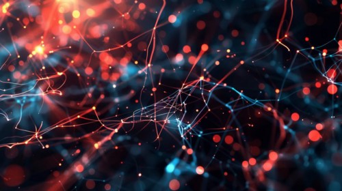 Abstract digital network of nodes and connections with a futuristic look in red and blue tones, ai