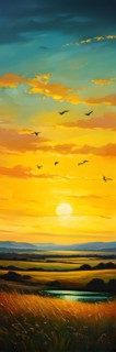 AI generated abstract painting of grasslands under a blazing sunset waves of greens