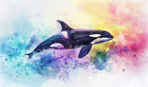 A watercolor depiction of an orca whale breaching the surface against a backdrop of vibrant ocean