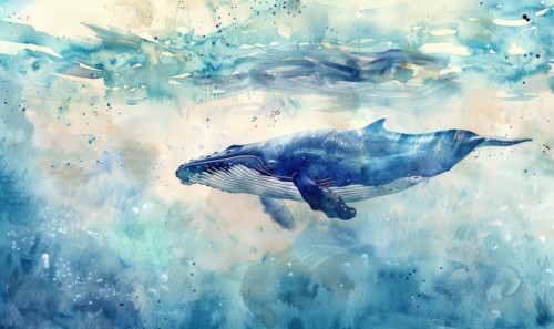 A peaceful watercolor painting of a whale diving into the depths of the ocean AI generated