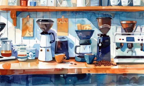 Watercolor illustration of a coffee shop scene with various coffee-related items like cups AI