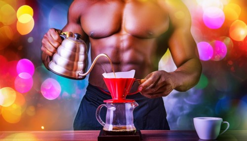 Black Bodybuilder brewing coffee with a kettle in a festive atmosphere with colorful lights in the