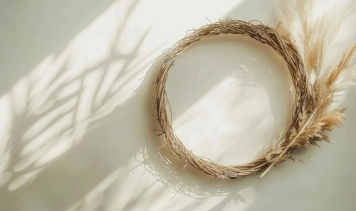 Delicate rattan frame on minimalistic natural material flat background, space for text AI generated