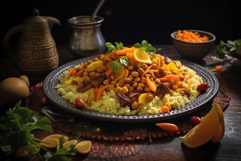 Gourmet Couscous Platter with Mixed Vegetables and Spices, AI generated